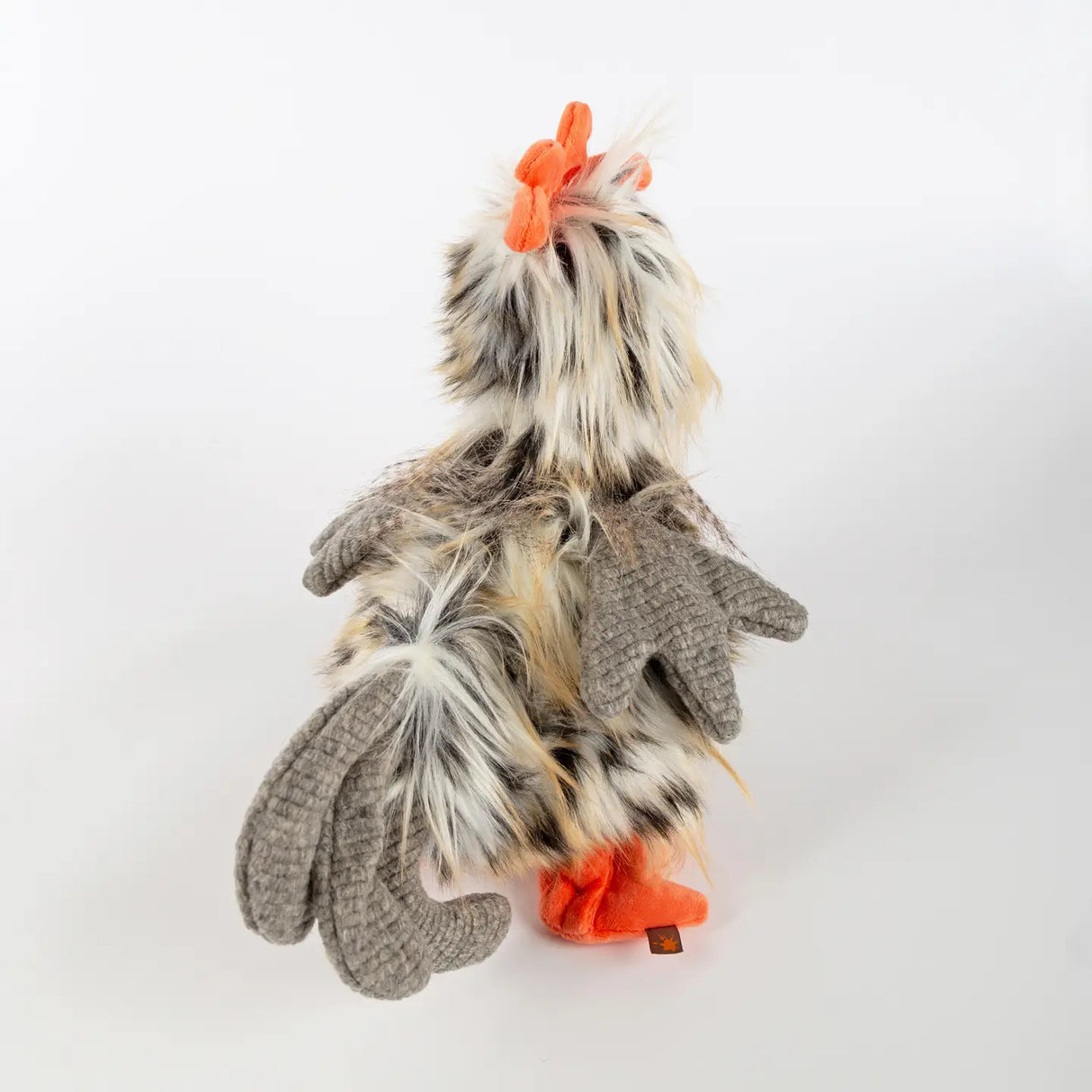 Soft plush Chicken Tour de Poule with quirky feathers and bright orange feet, perfect as a charming gift or decoration.