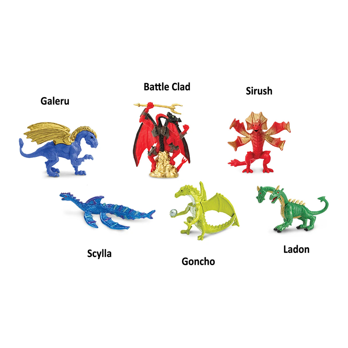 TOOB | Lair of the Dragons 2 with six colorful dragon miniatures named Galeru, Battle Clad, Sirush, Scylla, Goncho, and Ladon.