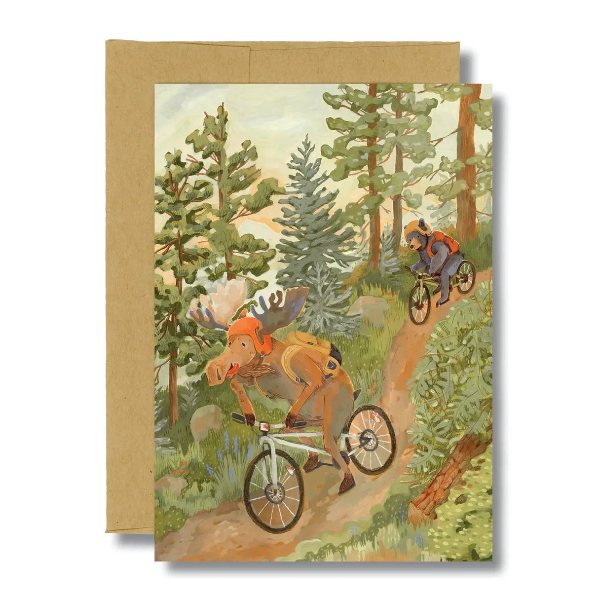 Mountain Biking Moose Card featuring moose and biker riding through a forest trail, 5x7 inches with kraft envelope.
