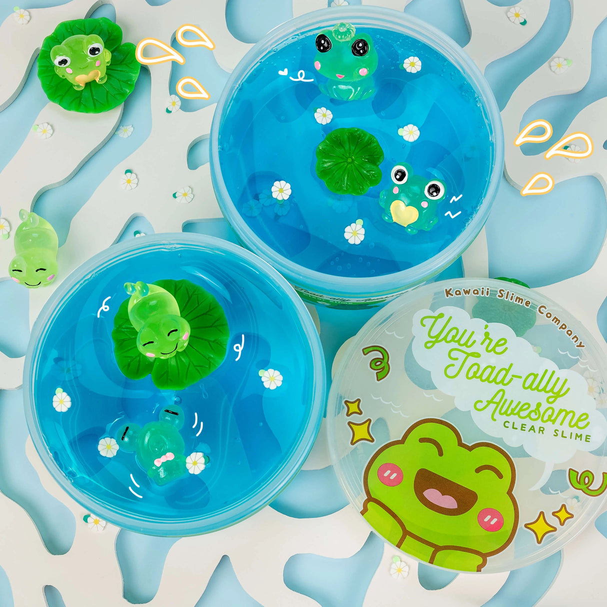 You're Toad-ally Awesome Clear Slime with blue water lily scented slime and two cute toad charms in a clear container.