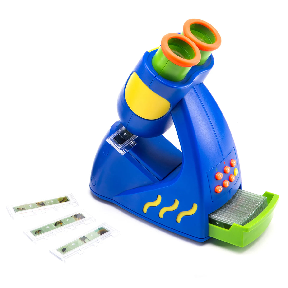 GeoSafari Jr Talking Microscope in blue with orange eyepieces, slide storage, and included microscope slides for kids.