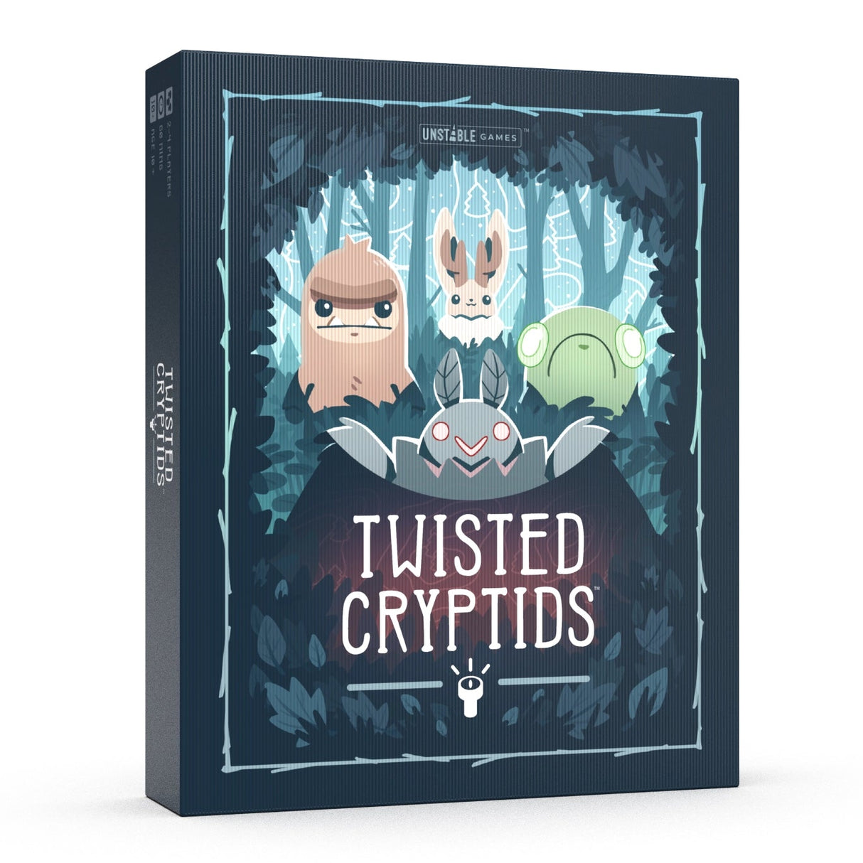 Box for 'Twisted Cryptids' with illustrations of three cryptid-like creatures on a dark background.