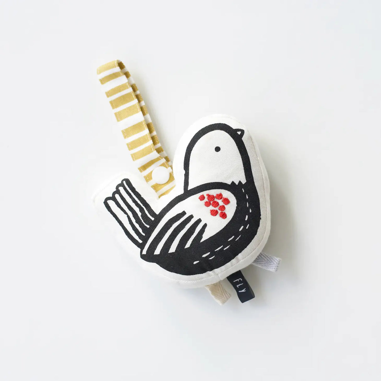 Organic Stroller Toy | Bird featuring embroidered details and crinkly leaves with a striped strap for easy attachment.
