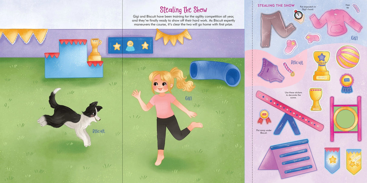 Two-page spread of sticker doll dress up with a girl and puppy playing and various dog show accessories on the right page