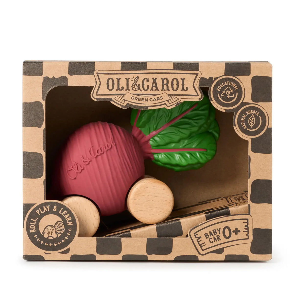 Handmade beetroot-inspired wooden and rubber baby car toy in eco-friendly packaging with drop-down ramp for interactive play.