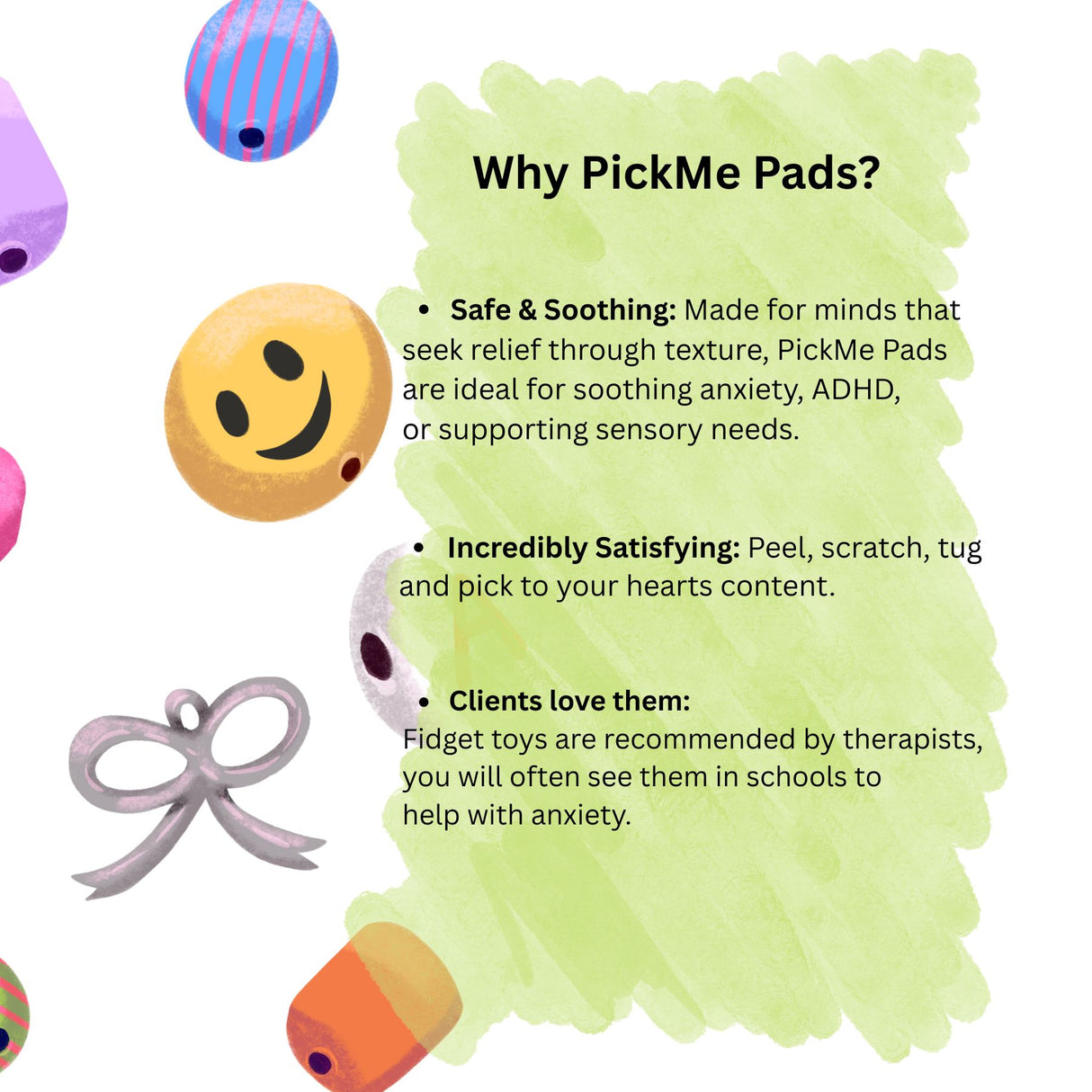 Colorful beads and charms surrounding text explaining PickMe Pads as soothing, satisfying fidget toys recommended by therapists for anxiety relief