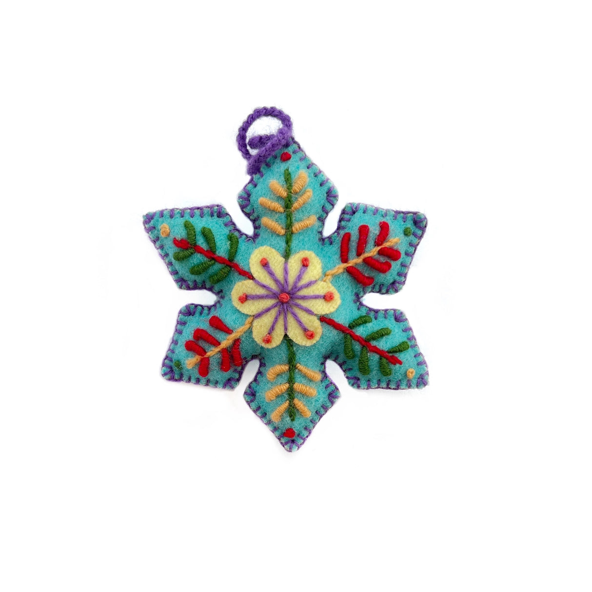Colorful Snowflake Embroidered Ornament handmade with vibrant threads on blue wool, unique Peruvian holiday decoration.