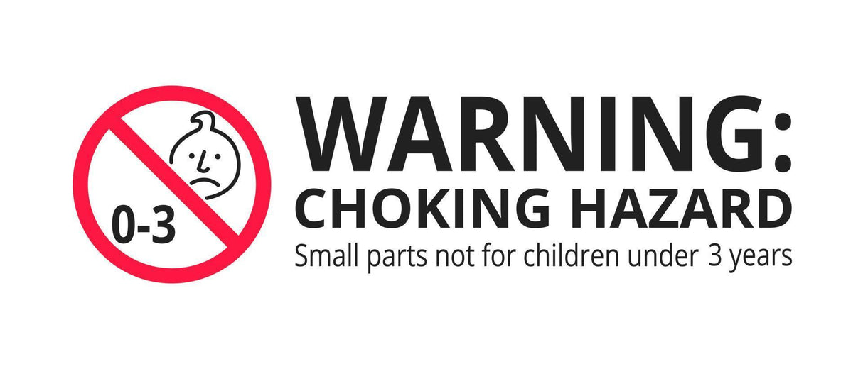 Warning sign indicating choking hazard for children under three years due to small parts inside product.
