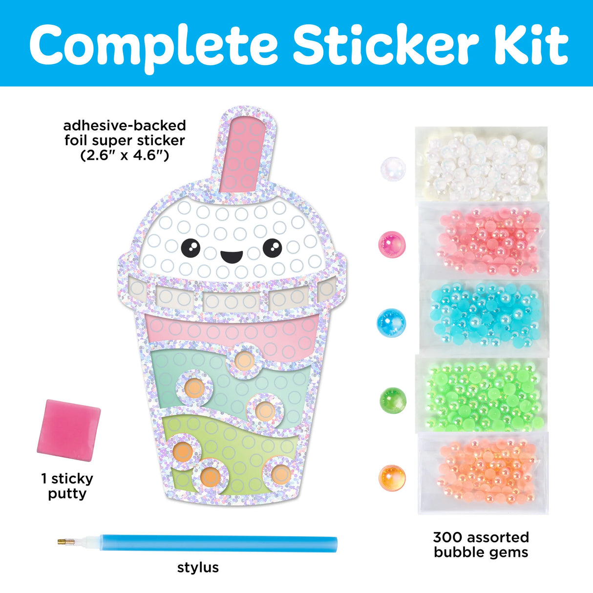 Bubble Gems Super Sticker Bubble Tea kit with adhesive foil sticker, 300 assorted bubble gems, sticky putty, and stylus for kids craft.