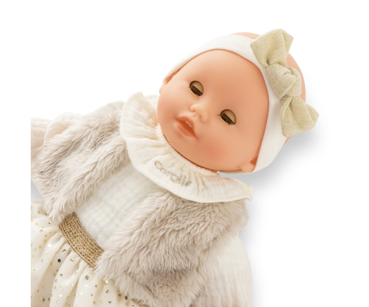 Calin Margaux Enchanted Woods soft baby doll in cream dress with faux fur vest and bow headband