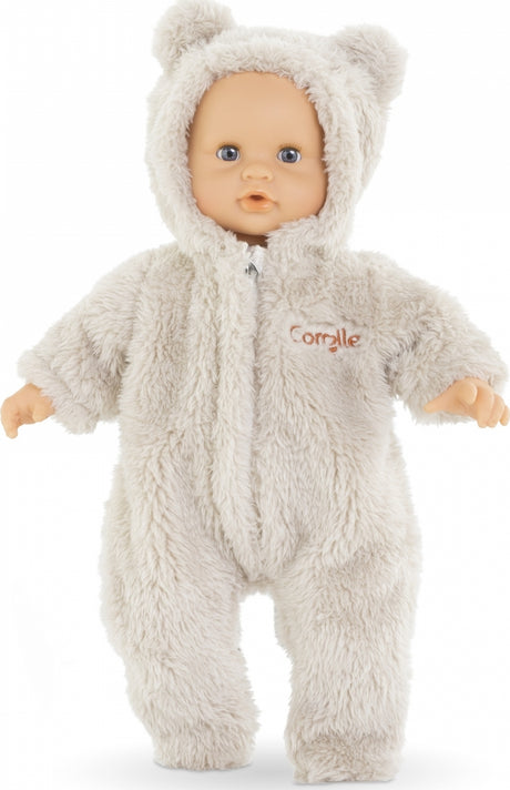 12in Teddy Bear Bunting on a baby doll, soft and huggable outfit with bear ears for 12 inch doll.