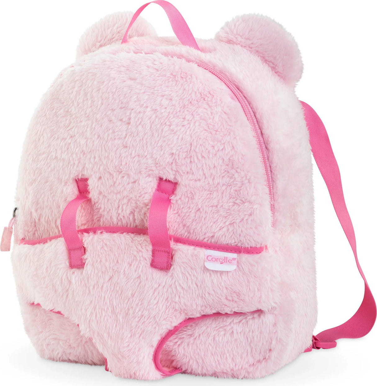 Plush Backpack Baby Doll Carrier soft pink doll carrier backpack with bear ears and adjustable straps.