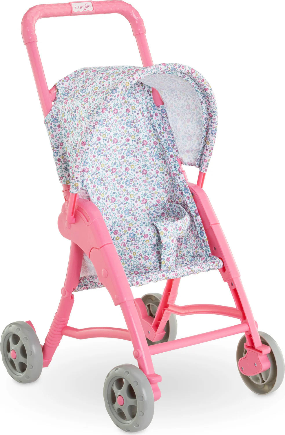 Stroller Flowered with pink frame, folding canopy, and floral print fabric for dolls up to 12 inches tall, friendly design.