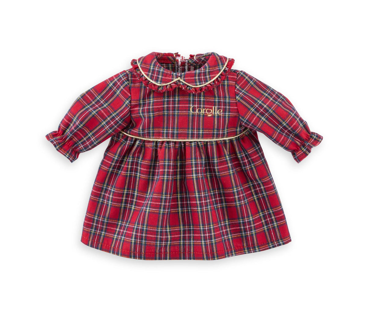 Red plaid festive dress with ruffled collar and long sleeves, designed for 12-inch dolls holiday celebrations