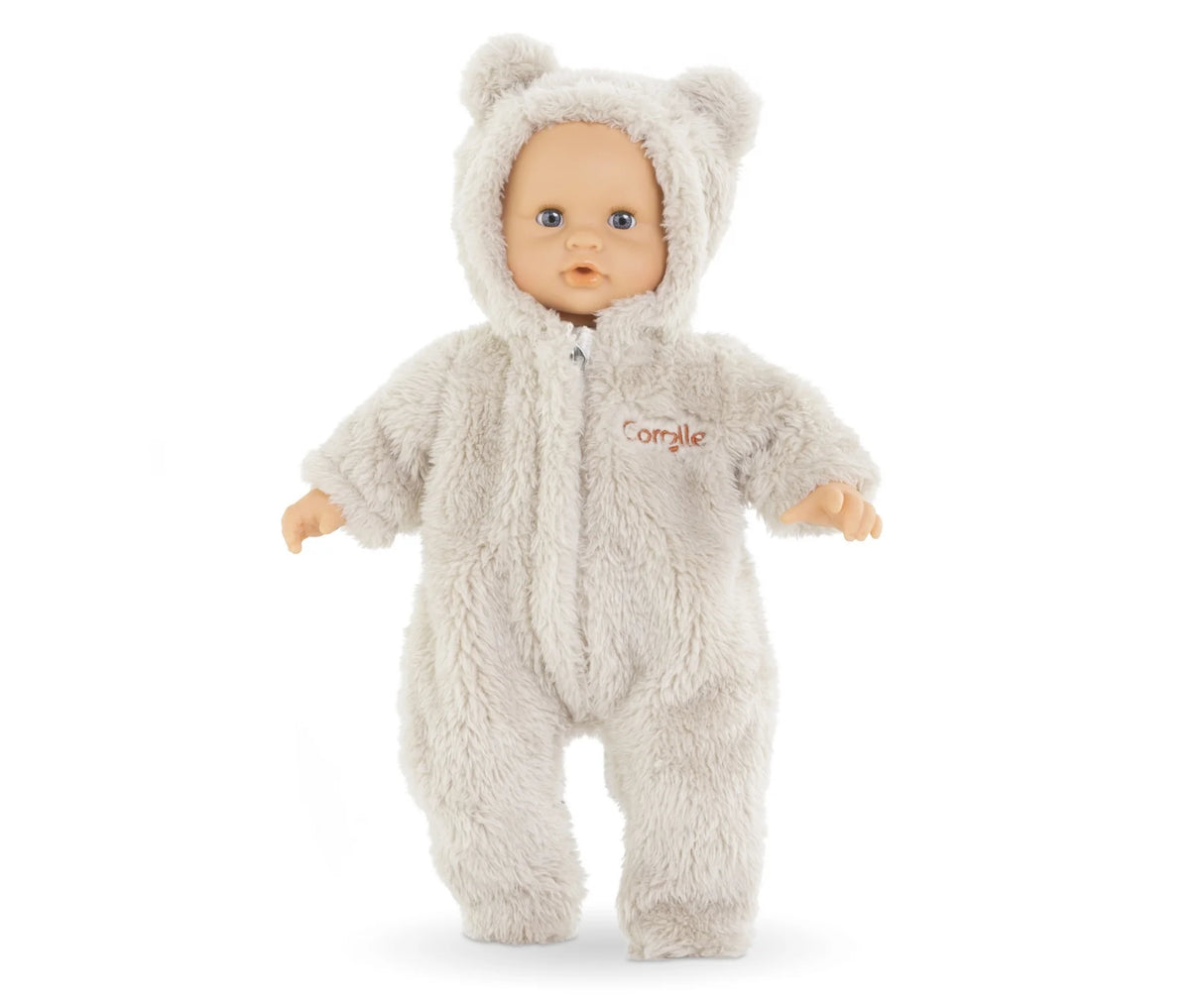 14in Teddy Bear Bunting soft furry outfit for 14" dolls with hood and bear ears, perfect for cozy doll play.