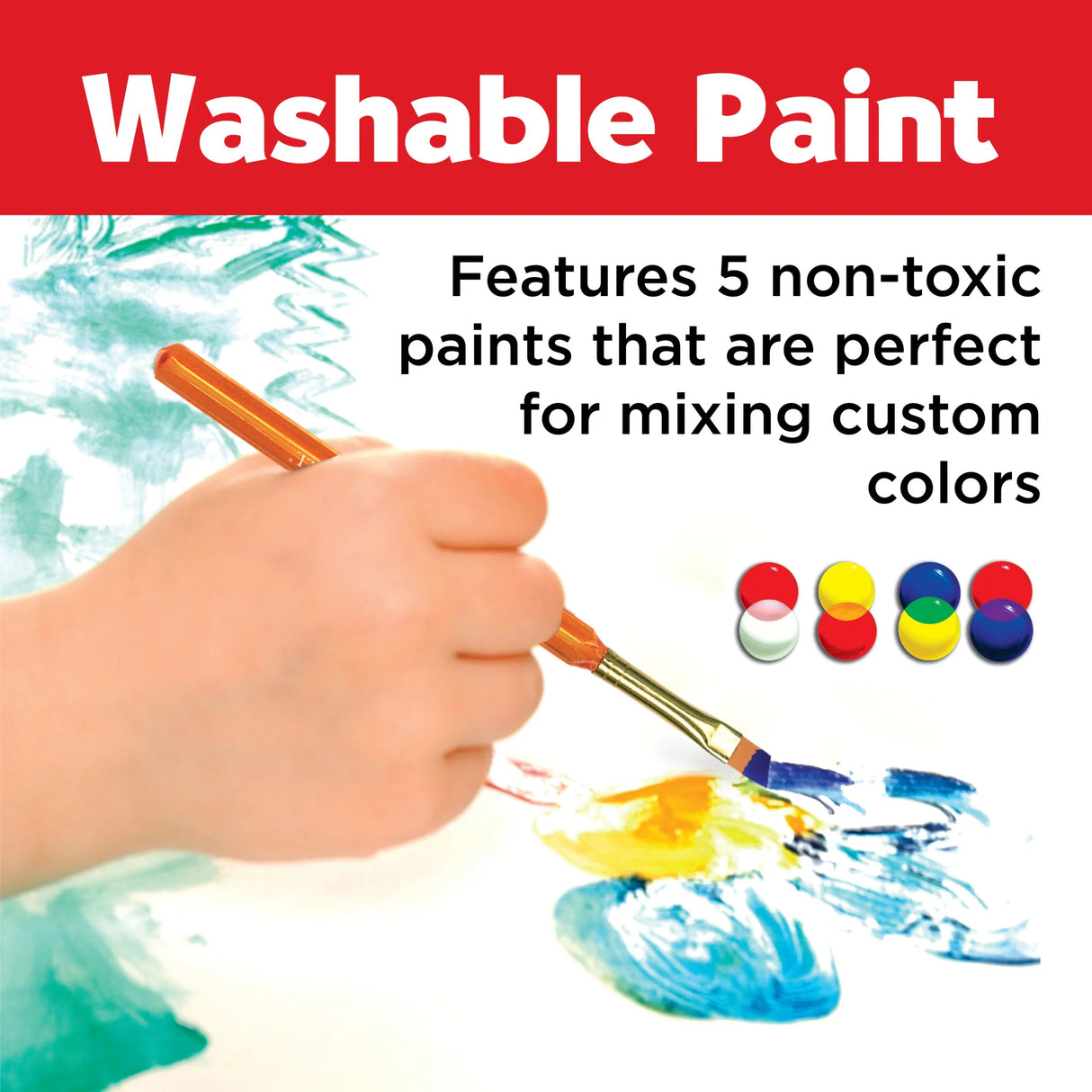 Learn to Paint Set showing a child using washable non-toxic paints with a paintbrush on paper for mixing colors.