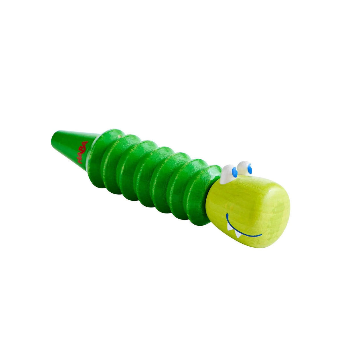 Green wooden slide whistle shaped like a smiling crocodile for kids to explore musical sounds and pitch changes.