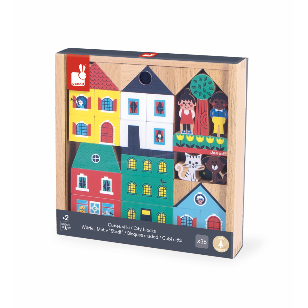 Crossroads City Building Blocks wooden set with colorful houses, characters, and animals for creative town building.