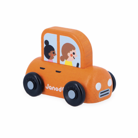 Orange wooden toy car with cartoon family passengers, designed for toddlers, Crossroads City Family Car.