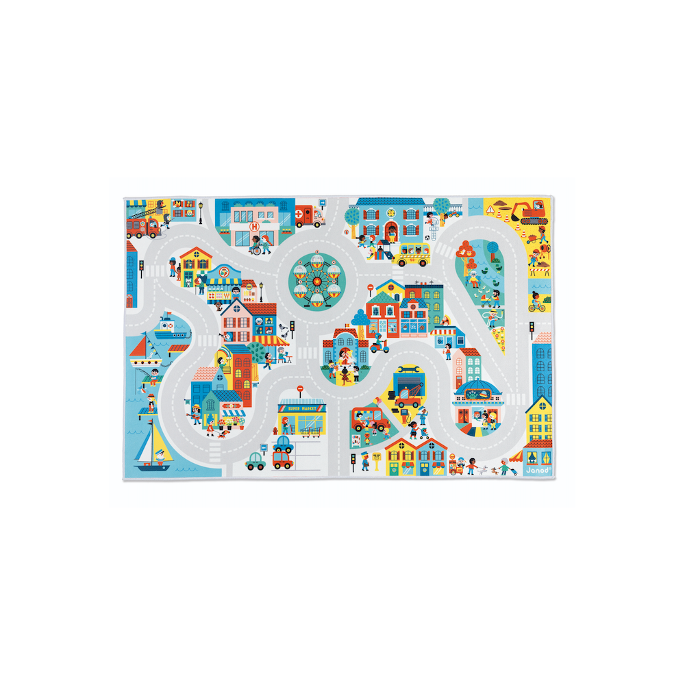 Crossroads City Play Mat featuring colorful streets, buildings, vehicles, and playful urban scenes for kids aged 2 and up.