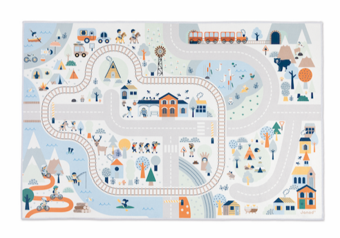 Crossroads White Valley Play Mat showing snowy winding roads, rail tracks, animals, and mountain scenery for imaginative play.