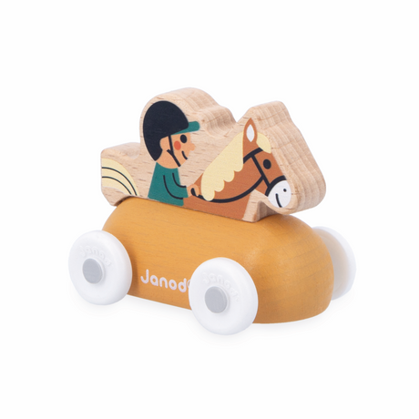 Crossroads White Valley Equestrian wooden toy vehicle with a rider on a horse, designed for children 12 months and over.