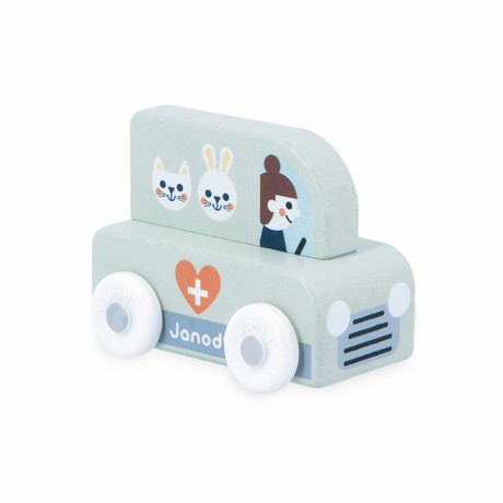 Crossroads White Valley Veterinarian wooden toy car for children 12m+, featuring vet and animal illustrations.