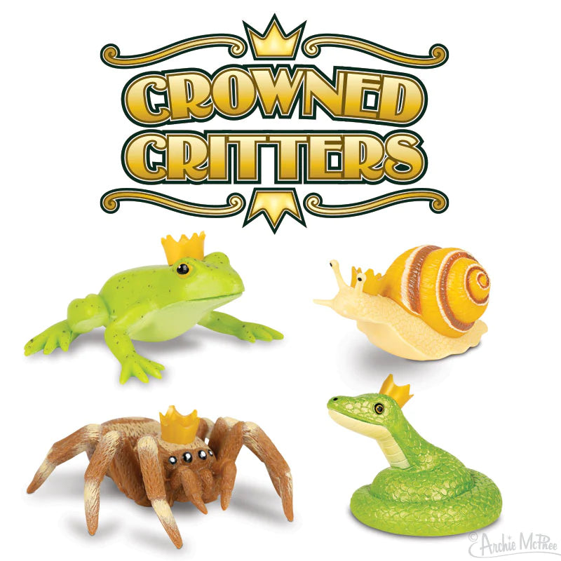 Crowned Critter vinyl figures including crowned frog, snail, spider, and snake in bright colors for kids ages 3 and up.