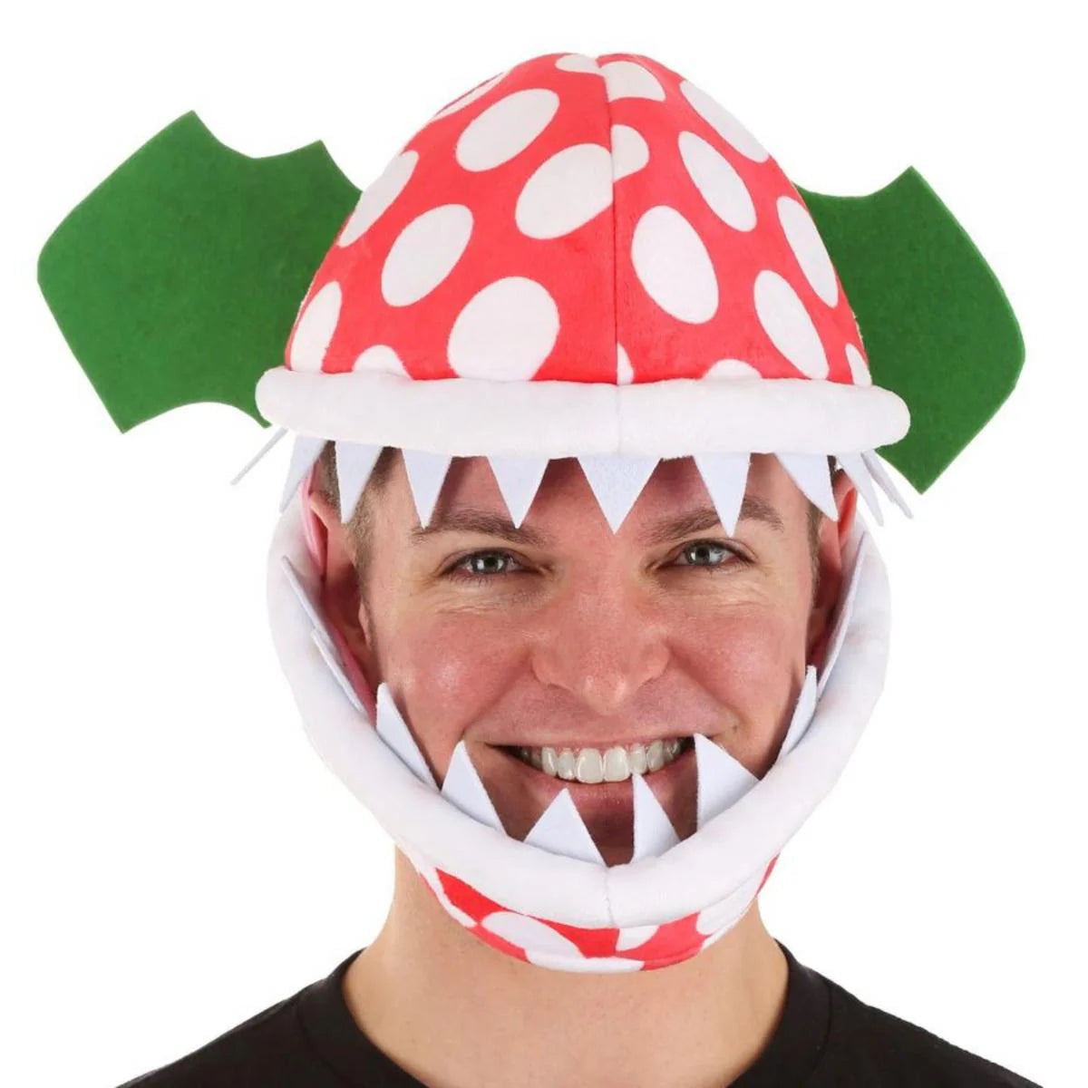Person wearing Piranha Plant Jawesome Hat with white polka dots, felt teeth, and green felt leaves.