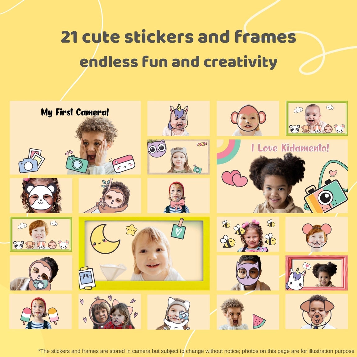 Digital Camera Model C | Mikayo the Bear with 21 playful stickers and frames for kids' creative photography fun.