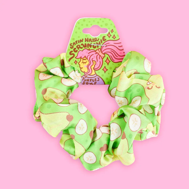 Banana Hair Scrunchie made with green satin fabric featuring banana print, gentle on hair, from Turtle's Soup.