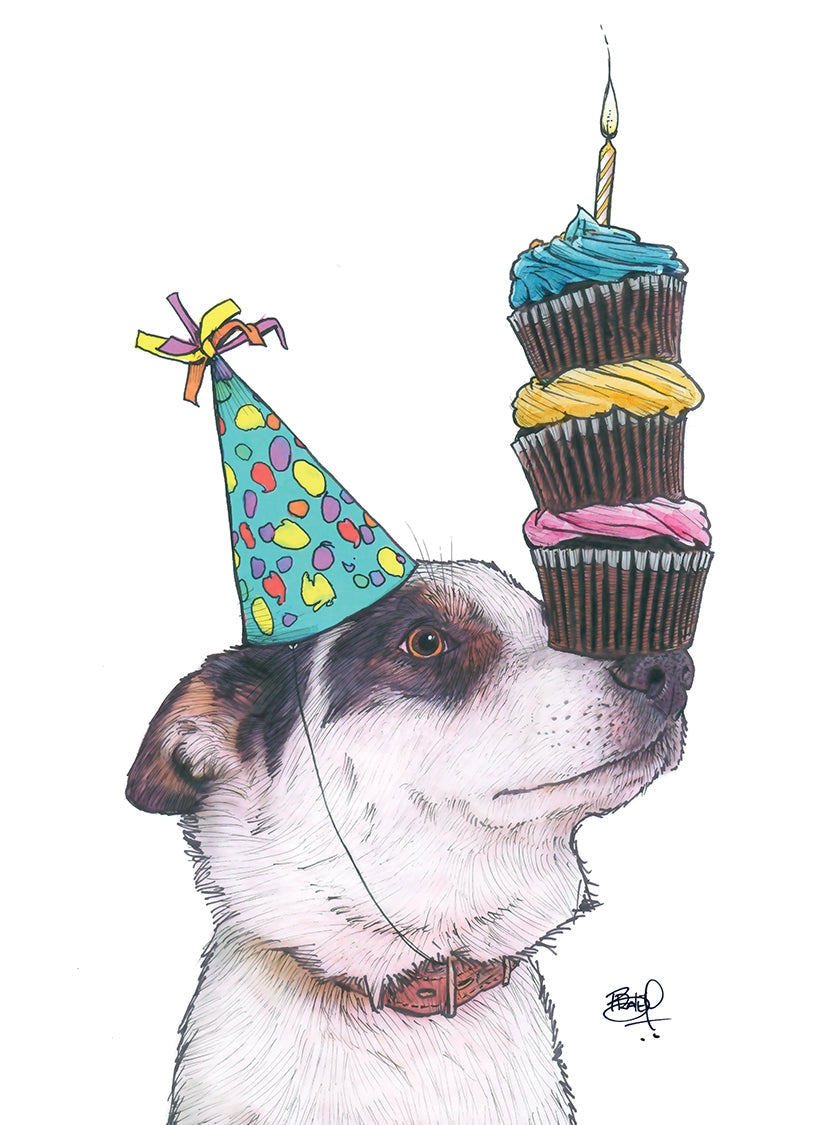 Balanced Birthday Dog Card featuring a dog wearing a party hat balancing cupcakes with a candle on its nose.