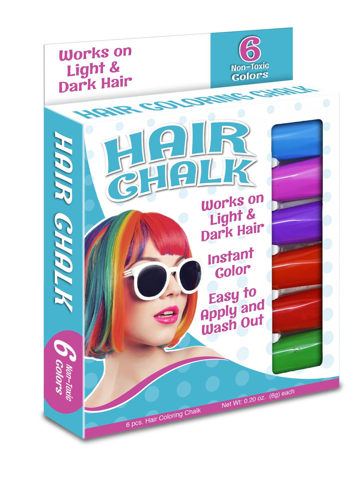 Hair Chalk hair coloring chalk with non-toxic colors, works on light and dark hair, easy to apply and wash out, 6 colors.