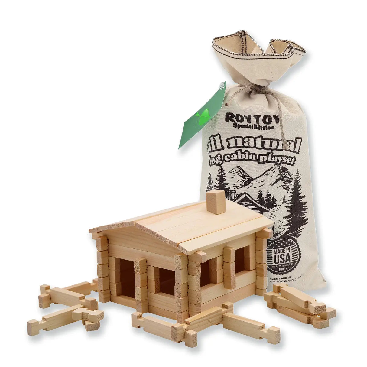 Log Cabin Natural Playset Bag with 70 all natural wood pieces and cotton storage bag made in the USA for ages 3+