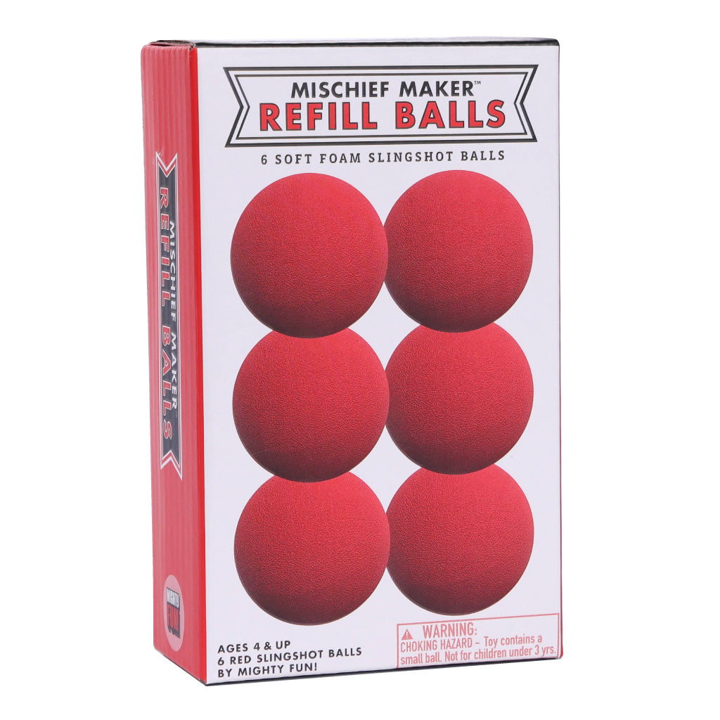 Slingshot Refill Balls pack with 6 soft red foam balls designed for Mighty Fun Slingshots, suitable for ages 4 and up.