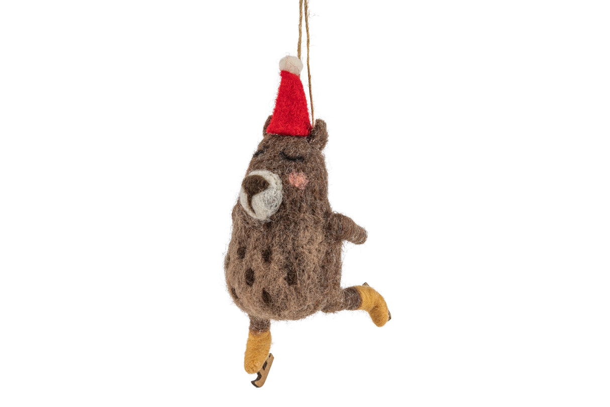 Skating Bear Felt Ornament featuring a wool felt bear with red Christmas hat and yellow skates hanging on string.