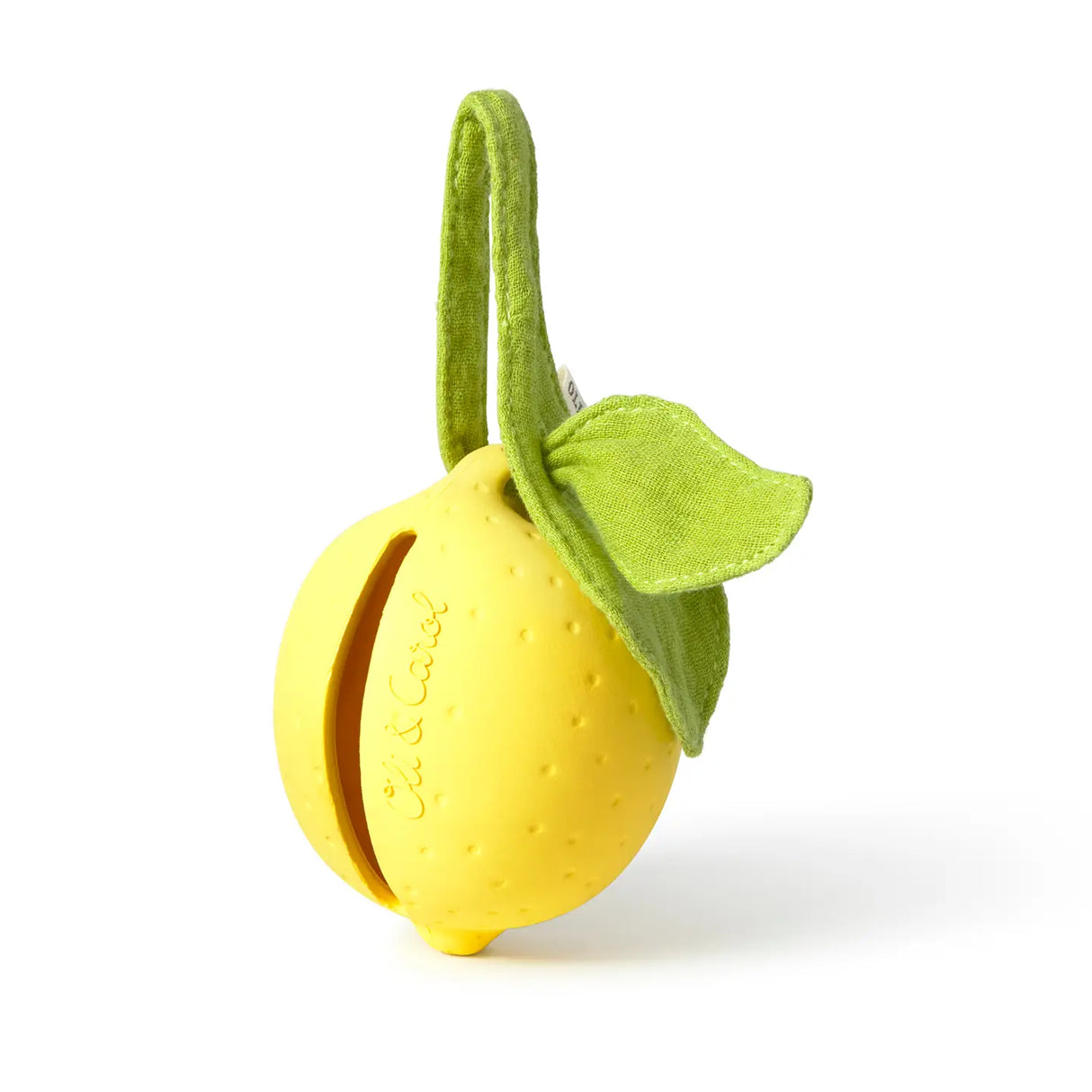 Yellow lemon-shaped pacifier case with green fabric leaves made of natural rubber and organic cotton