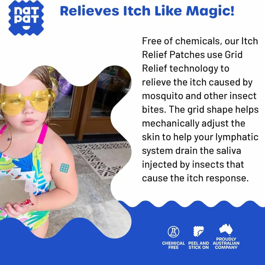 Natpat | Magicpatch Natural Itch Relief Stickers on a child's arm using grid technology for fast mosquito bite relief.