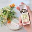 Hand holding Sending You a Hedgehug Matchbox with wool felt hedgehog and card saying you are amazing in soft floral background