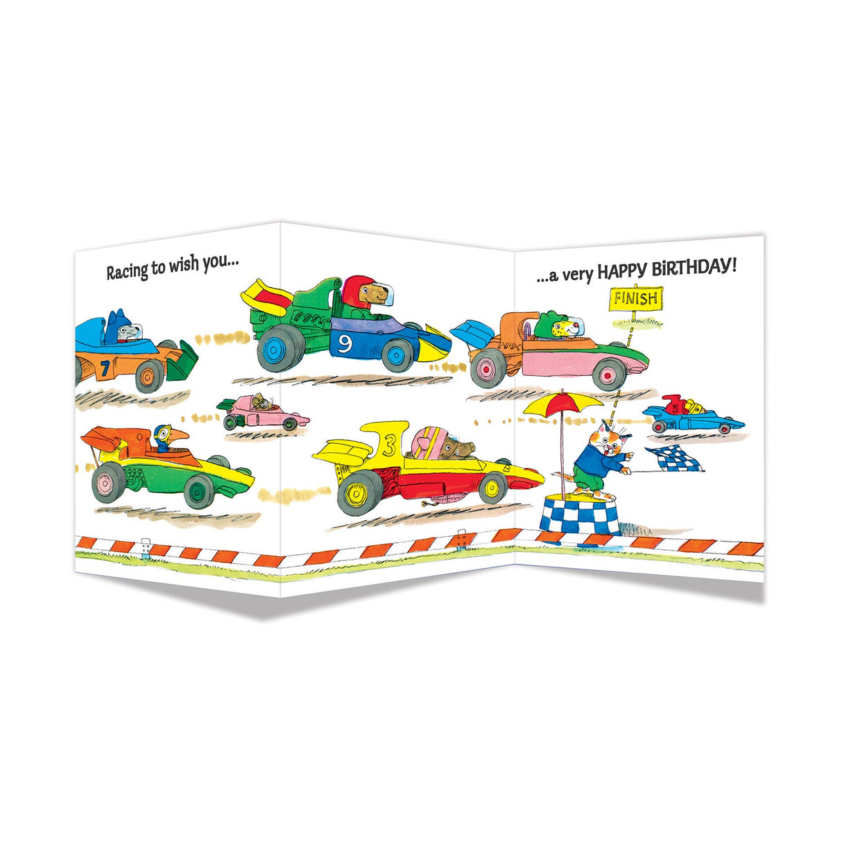 Tri-fold birthday card with colorful racing cars and cute animal drivers in a whimsical, playful race scene.