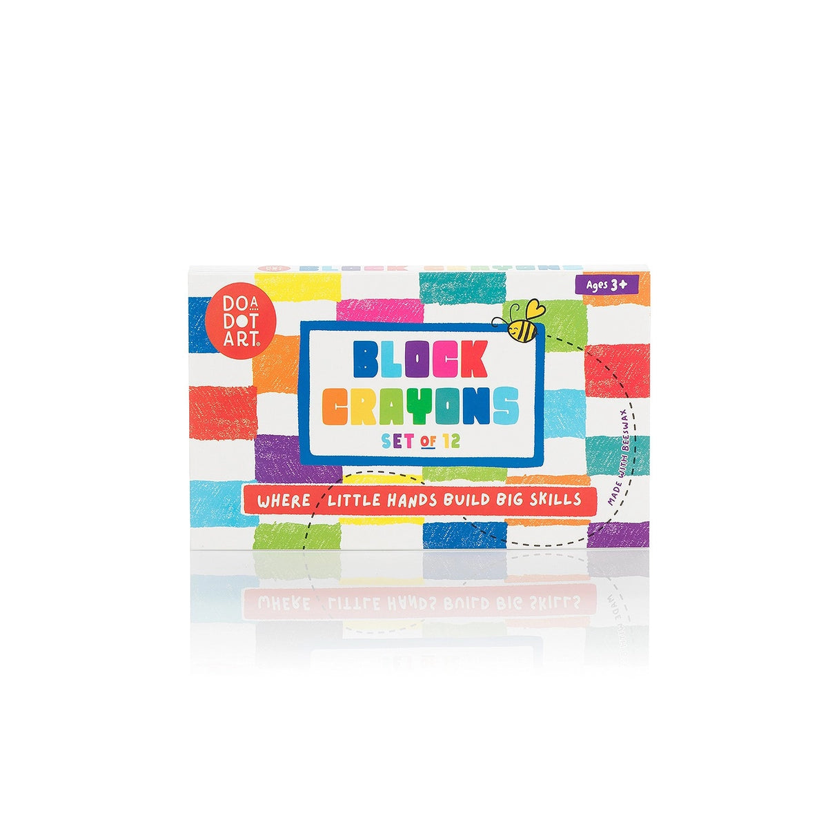 Colorful art crayon package labeled Block Crayons Set of 12 with geometric blocks and an ages three plus label