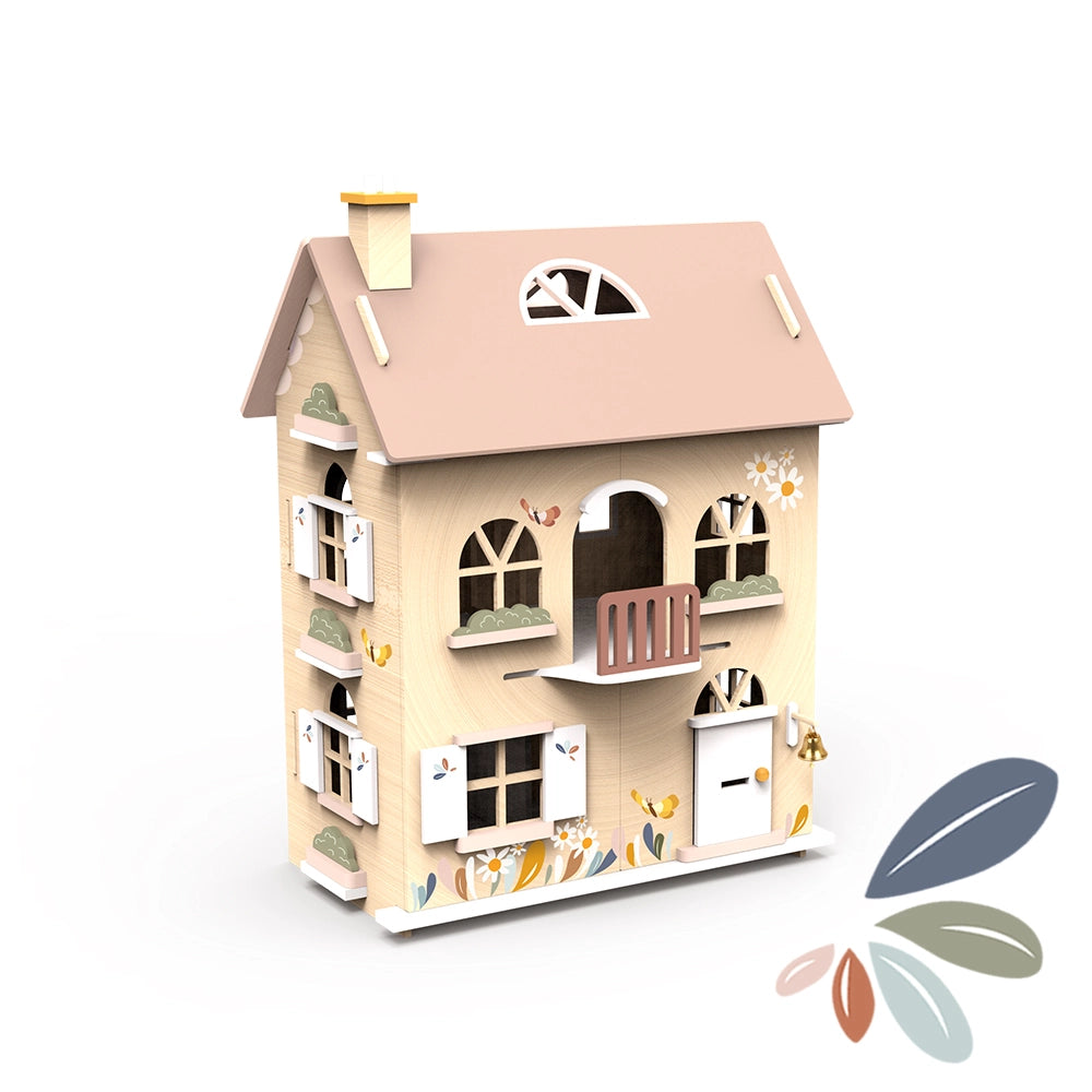 Wooden Flowers Cottage dollhouse with painted windows, balcony, and floral details, ideal for imaginative play for kids ages 3 and up.