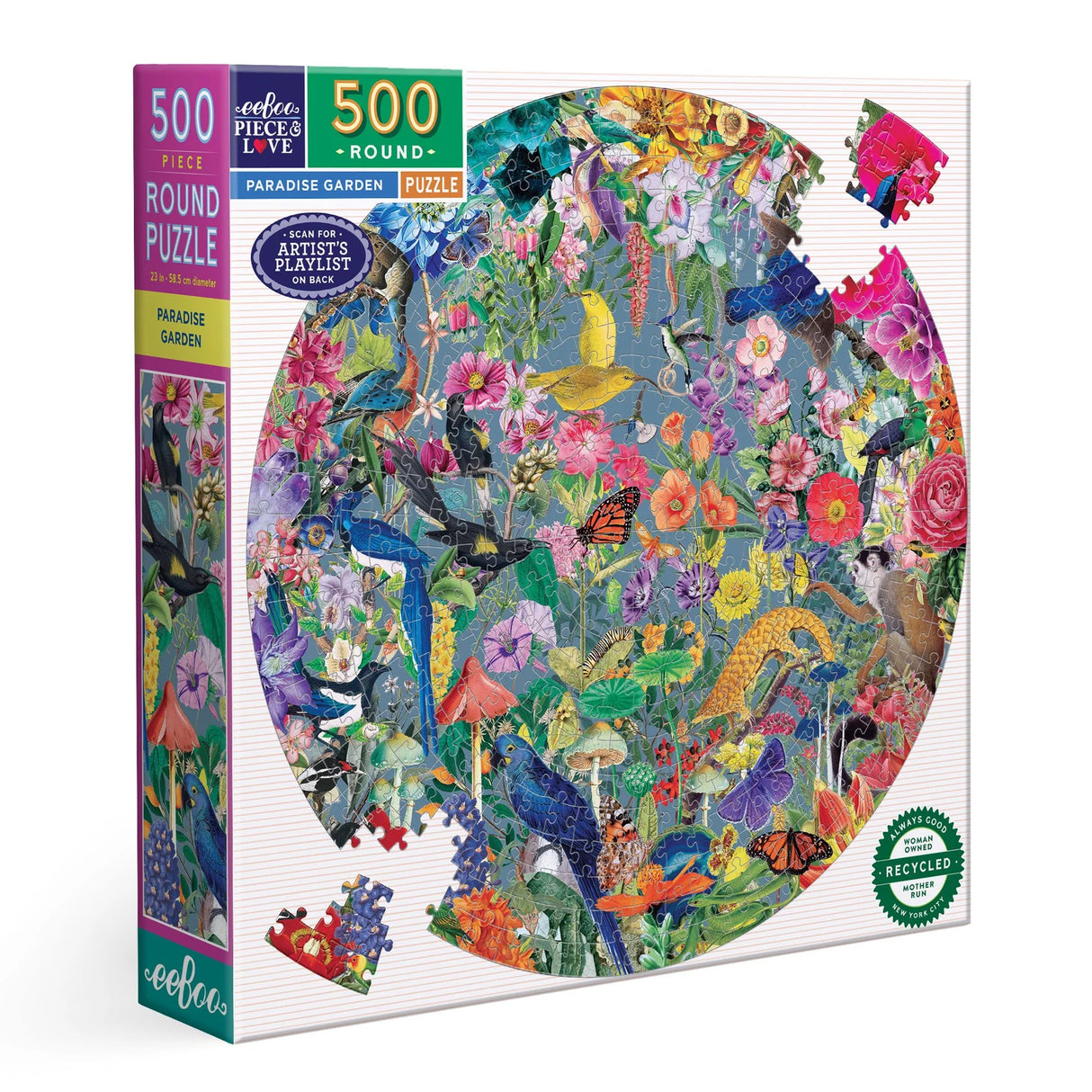 Vibrant round puzzle with colorful flowers, butterflies, birds, mushrooms, and lush garden plants in a circular design