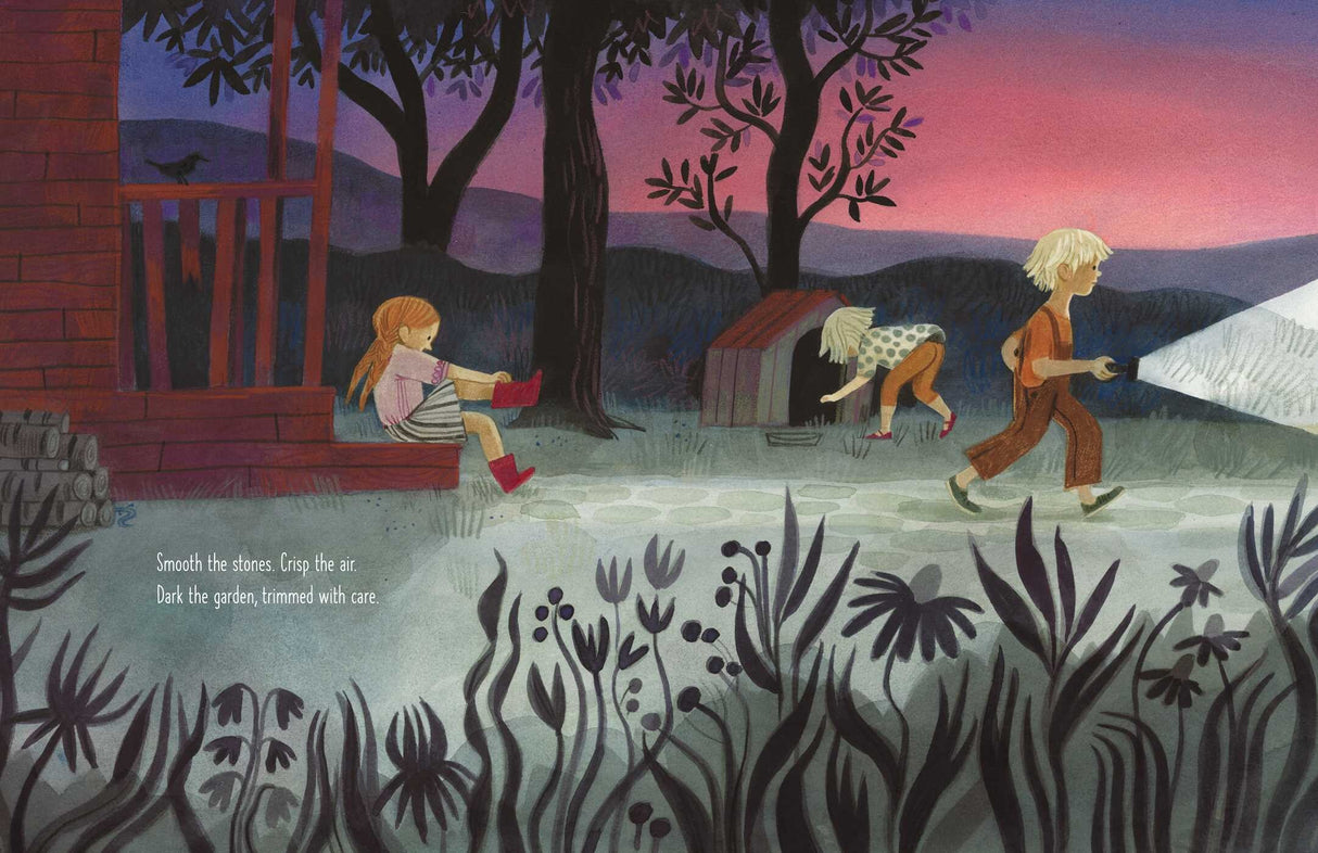 Dark on Light shows three children exploring a garden at dusk with soft shadows and warm sunset colors.