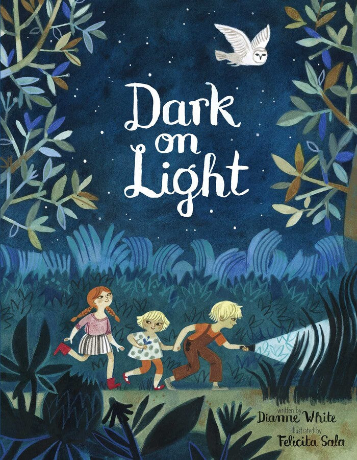 Dark on Light bedtime book cover showing three siblings exploring a moonlit forest with an owl flying overhead.