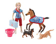 Day at the Vet set with articulated doll, foal with blanket, cat, dog, bucket, and vet bag for imaginative play.