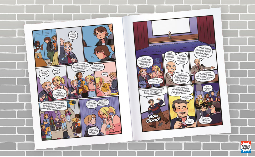 Open comic book spread showing kids discussing at school and a community event, illustrating Club Kickout: Into the Ring.