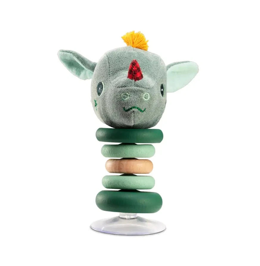Swinging Rattle | Dragon Joe with a suction cup base and soft dragon head for fun, interactive play on any surface.