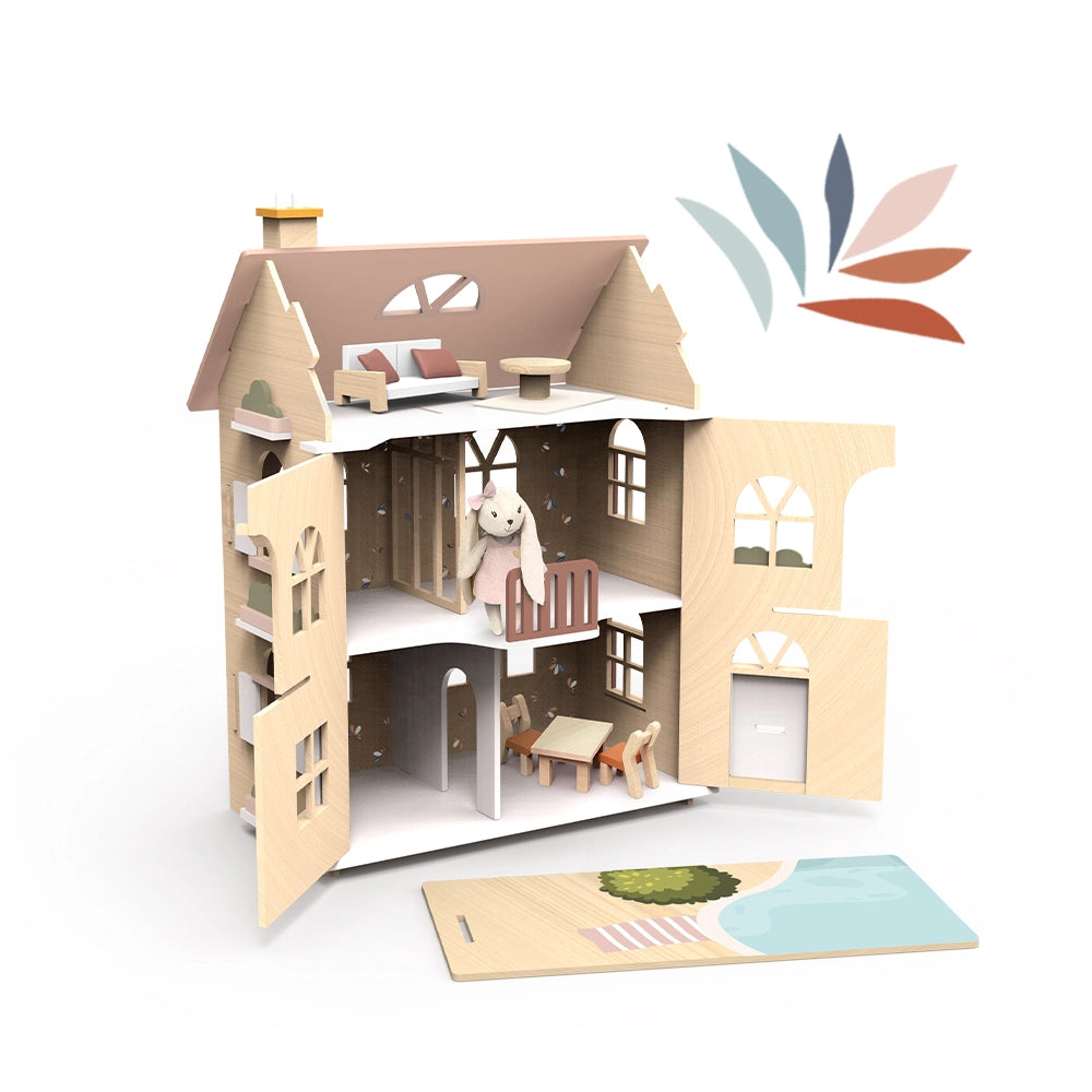 Wooden three-story dollhouse with open doors, furnished with a sofa, table, chair, and a plush bunny figure inside.