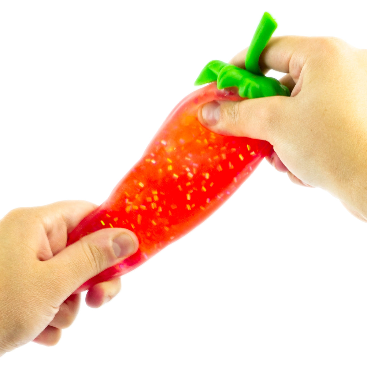 Squishy Fruit red strawberry shaped toy stretched between two hands